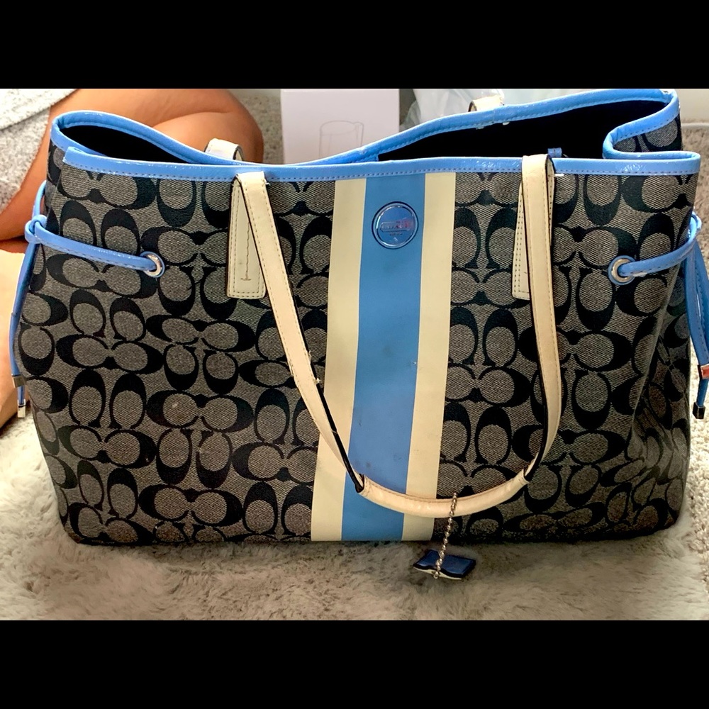 COACH F23049 Signature Stripe PVC Tote White/Blue